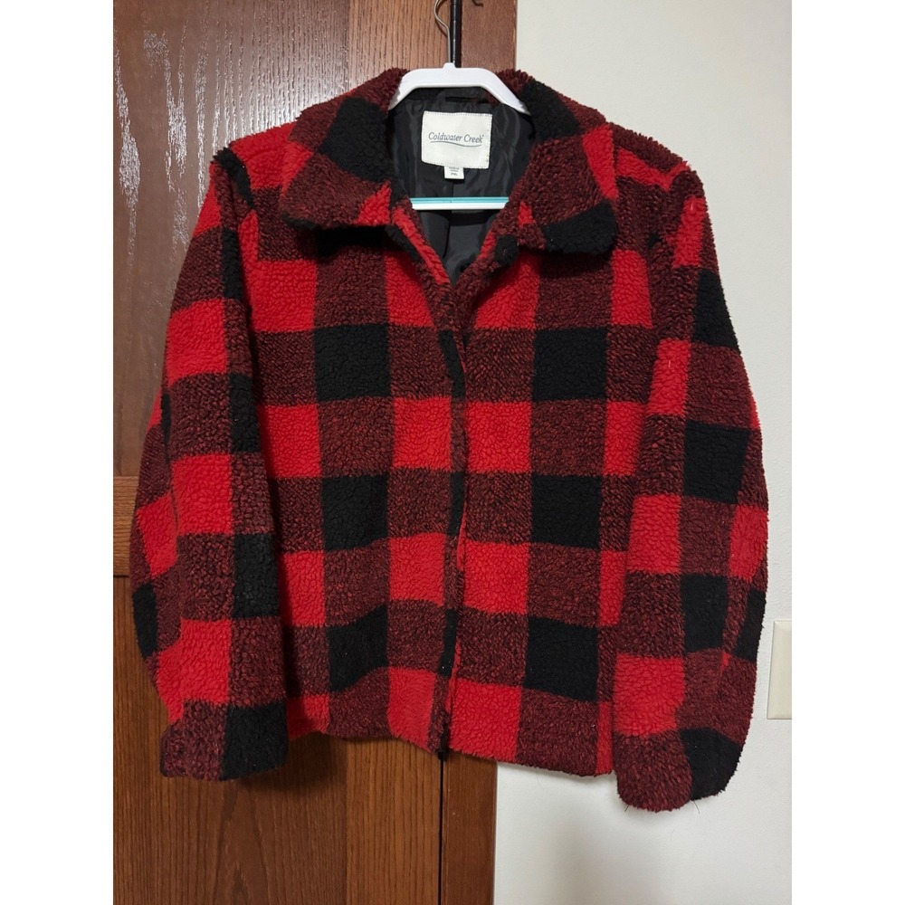 Coldwater Creek Red Black Buffalo Plaid Faux Fur Sherpa Jacket Womens PXL Petite